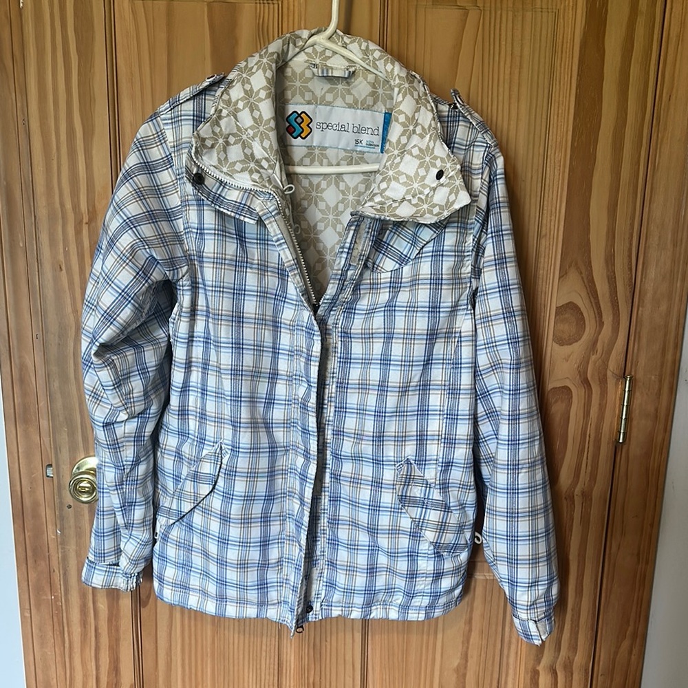 Blue and White Utility Jacket with Gingham Pattern